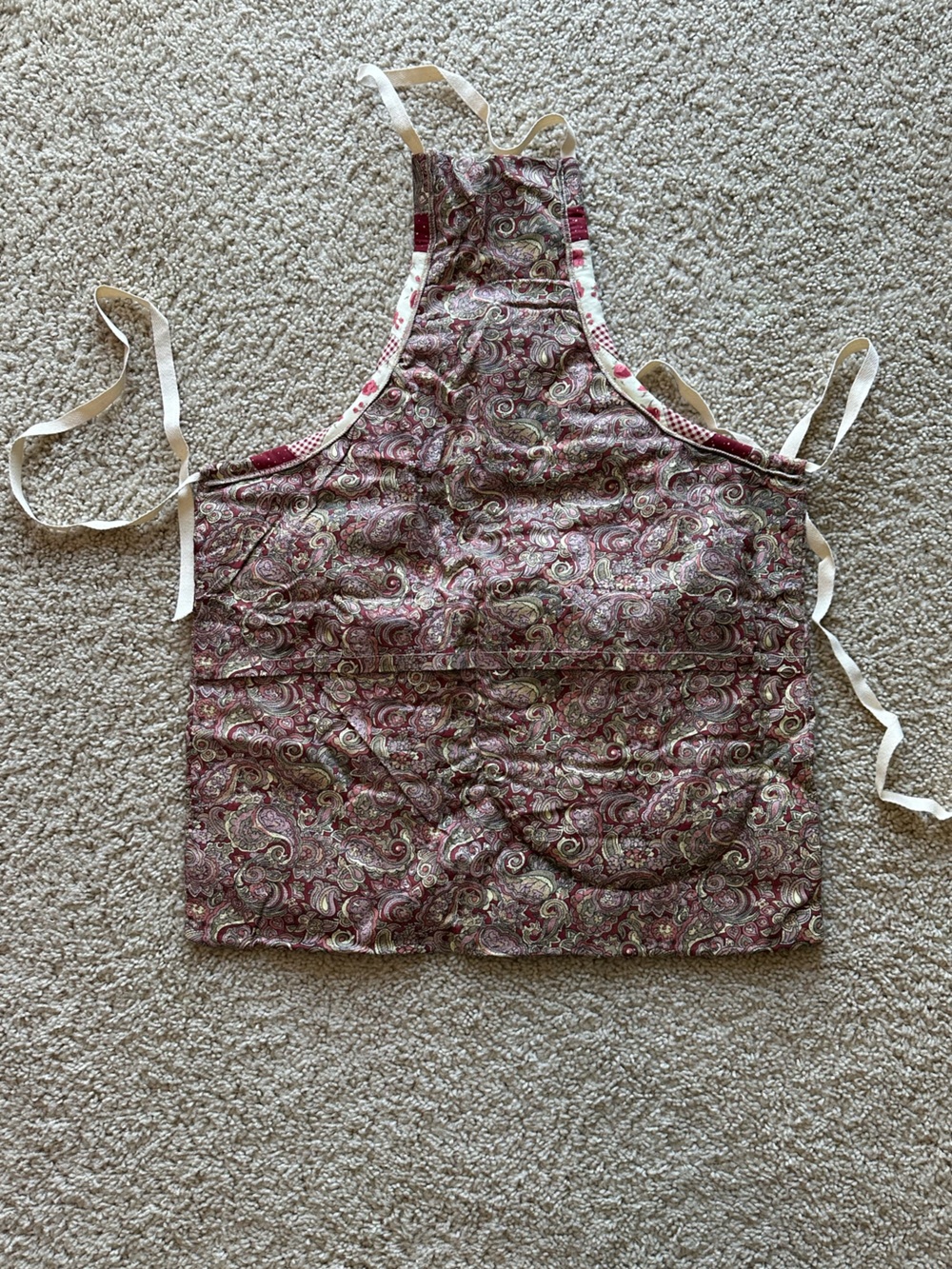 Hand Crafted Apron Burgundy & Cream Patchwork Quilted drawstring victorian heart - Picture 5 of 9